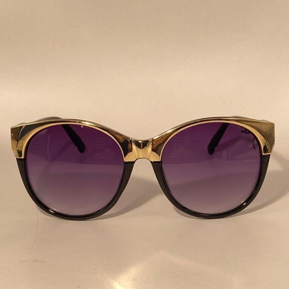 Evita Round Eyebrow Sunglasses Black with Gold Detail New - Picture 2 of 9